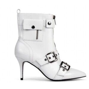 Wild Pair MOONBEAMP White Boots 7M Pointed Toe Moto Biker Buckle Zip